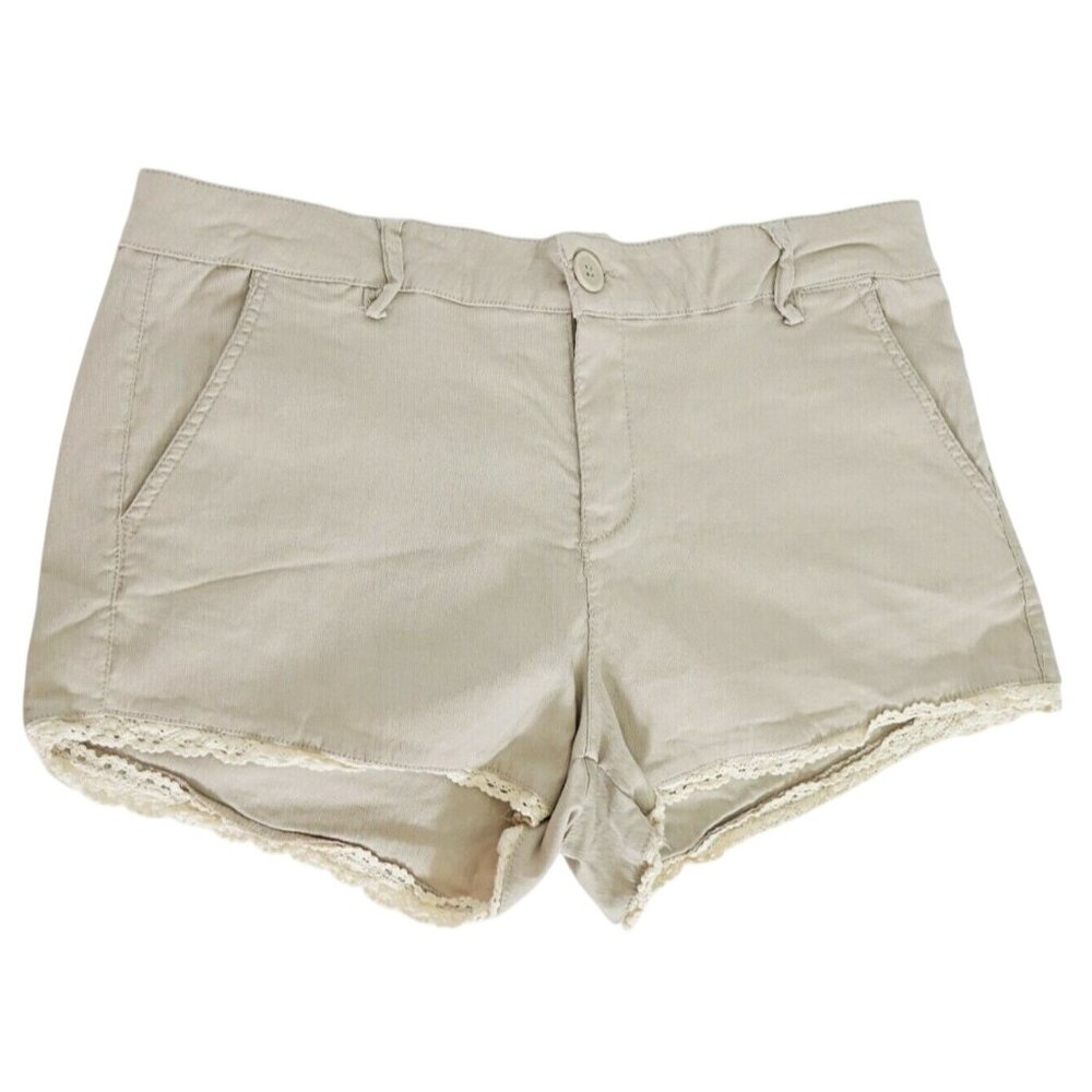 Dollhouse Shorts Women Size 9 Tan Crochet Lace Trim Mid‎ Rise Casual Stretch